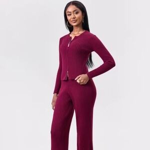 Katch Me Womens Ribbed Knit 2 Piece Set Burgundy Zipper Cardigan Wide Leg Pants